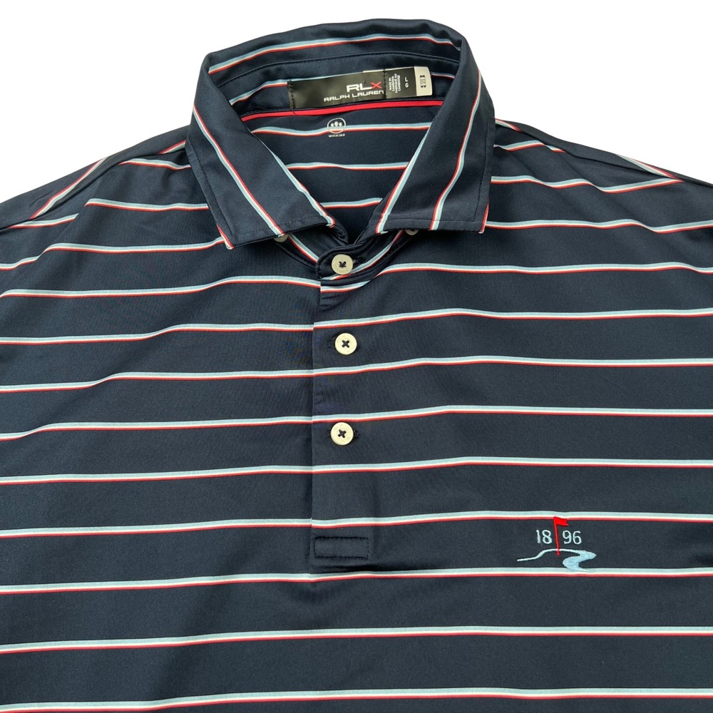 RLX Ralph Lauren Mens Large Navy Striped Golf Polo Shirt Wicking 1896 Logo